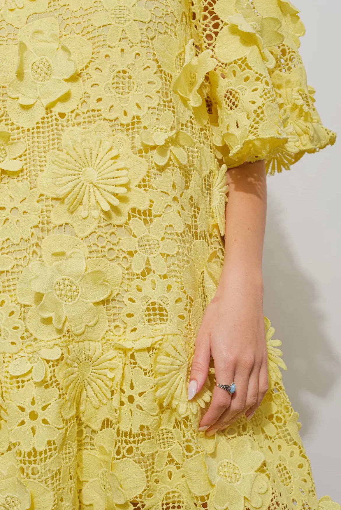 yellow 3D crochet Caftan Mini dress details