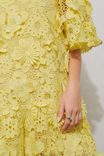yellow 3D crochet Caftan Mini dress details