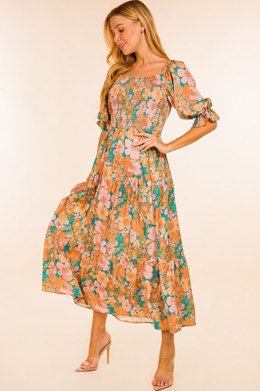 Tinsley Retro Floral Print Smocked Dress