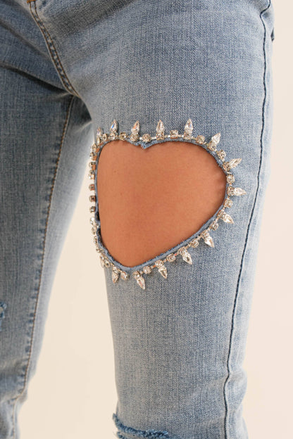 Rhinestone Heart Cutout Jeans