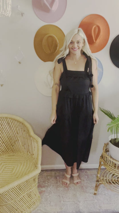 Black Tier Pom Shoulder Maxi Dress