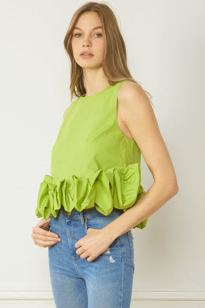 Lux Chartreuse Ruched Ruffle Blouse