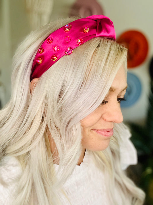 Fuchsia Satin Lux Gemstone Knot Headband