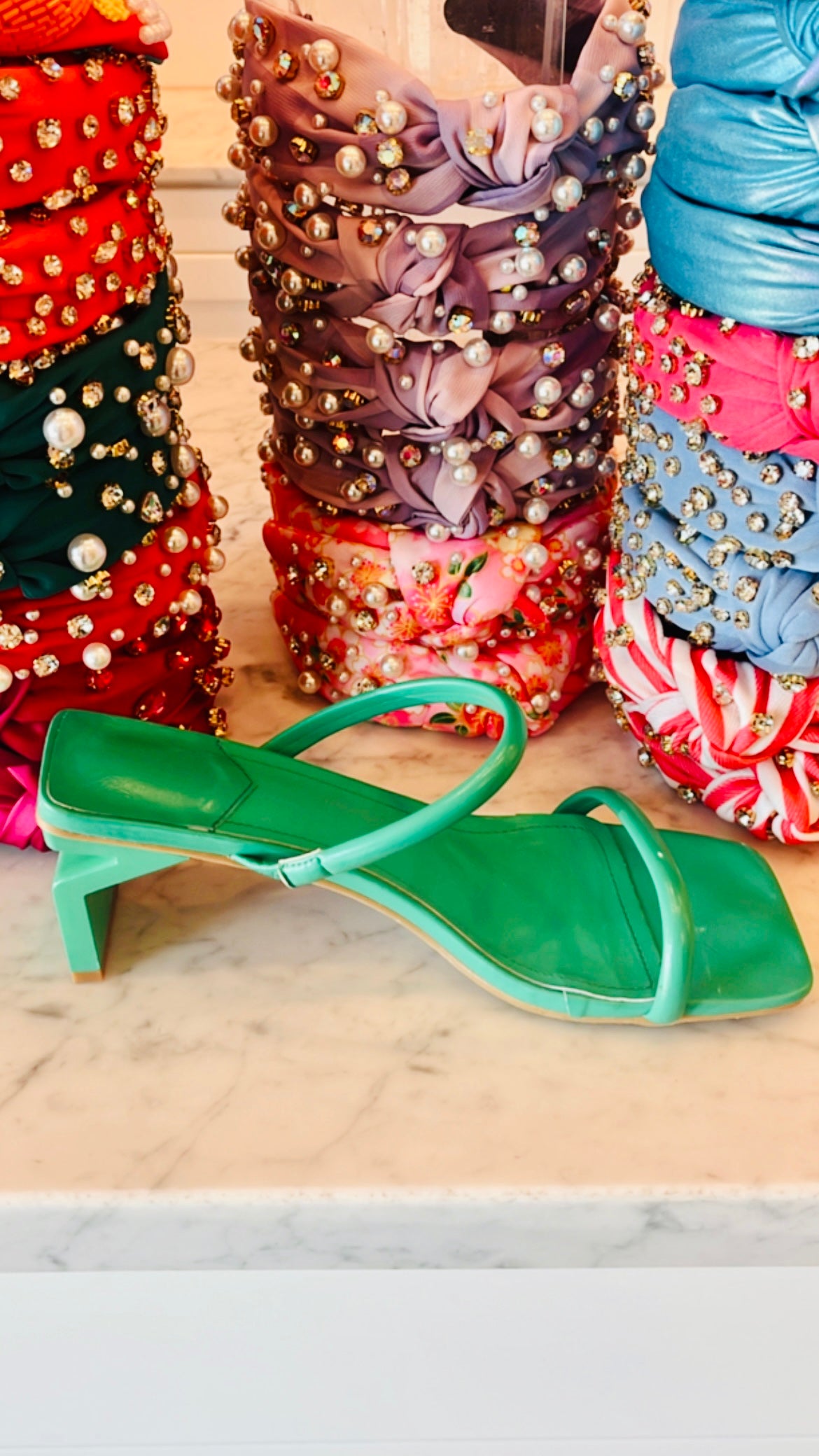Green Strappy Square Toe Block Heel