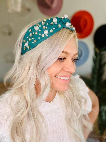 Teal Pearl & Bling Lux Knot Headband