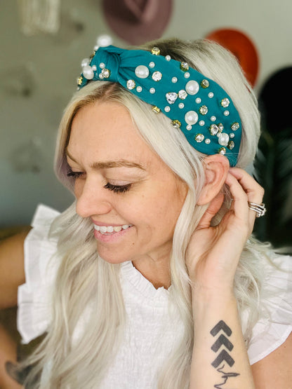 Teal Pearl & Bling Lux Knot Headband