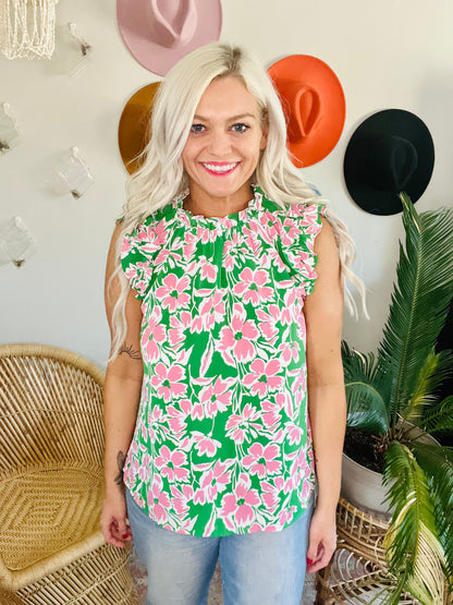 Gorgeously Green Floral High Neck Ruffle Blouse