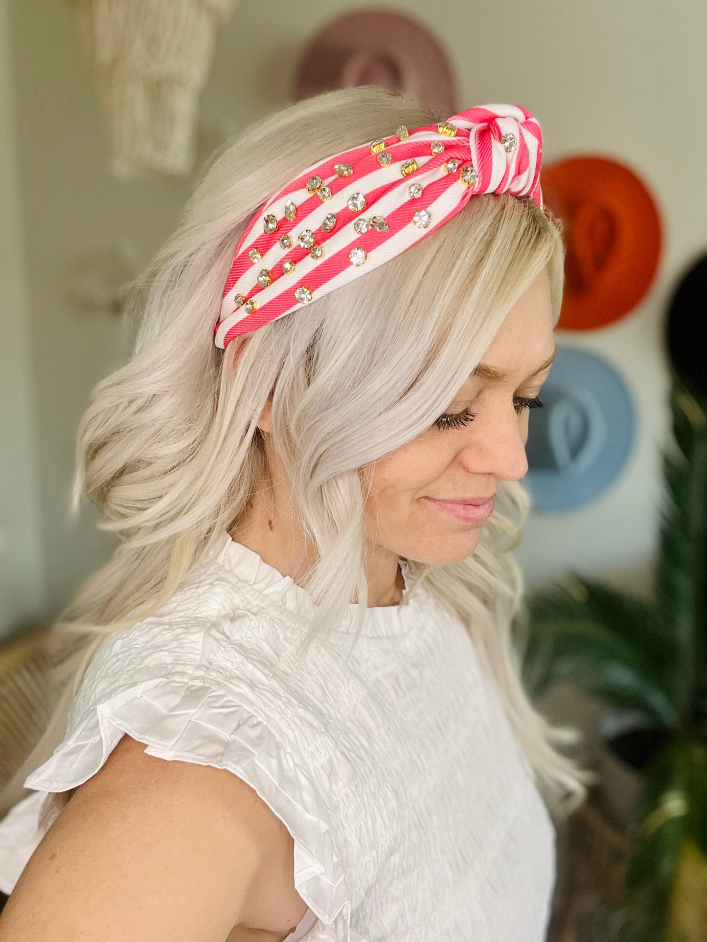 Pink & White Strip Rhinestone Knot Headband