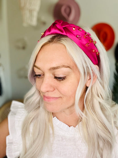Fuchsia Satin Lux Gemstone Knot Headband