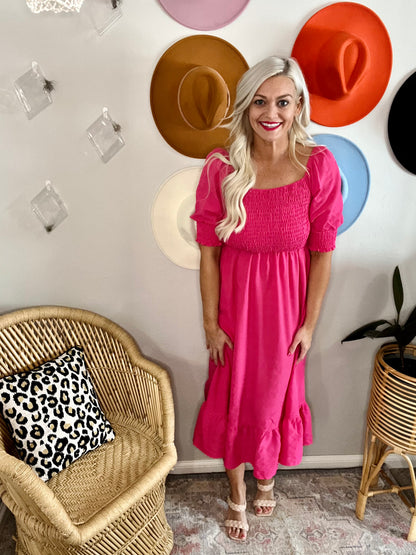Oh So Sweet Pink Smocked Puff Sleeve Maxi Dress