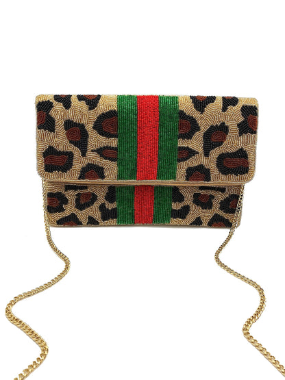 Treasure Jewels -Leopard Beaded Clutch with Red & Green Stripes