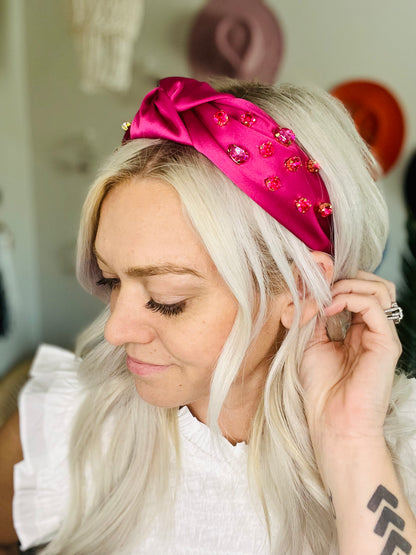Fuchsia Satin Lux Gemstone Knot Headband