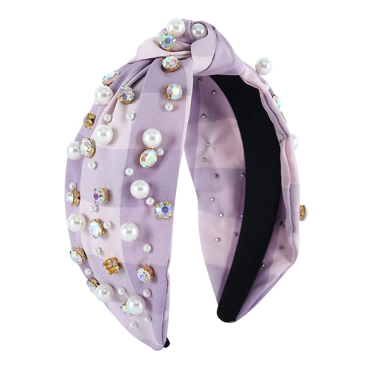 Penelope Purple Gingham Embellished Knot Headband