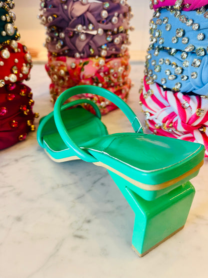 Green Strappy Square Toe Block Heel